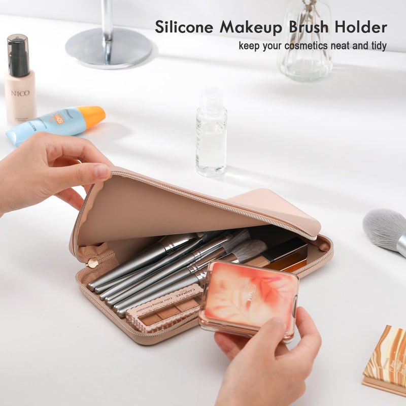 FVION Zipper Makeup Brushes Bag For Travel  Large Silicone Makeup Brush Holder  Make Up Brushes Pouch Case for Makeup Tools - Khaki - Image 4